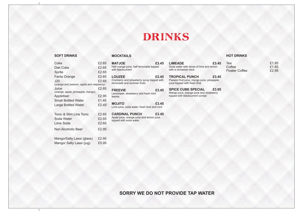 Indian restaurant menu in Loughborough