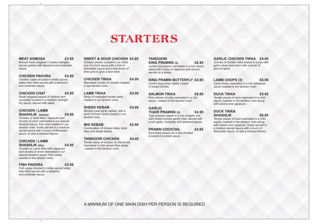 Indian restaurant menu in Loughborough