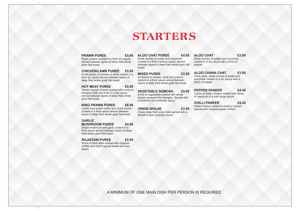 Indian restaurant menu in Loughborough