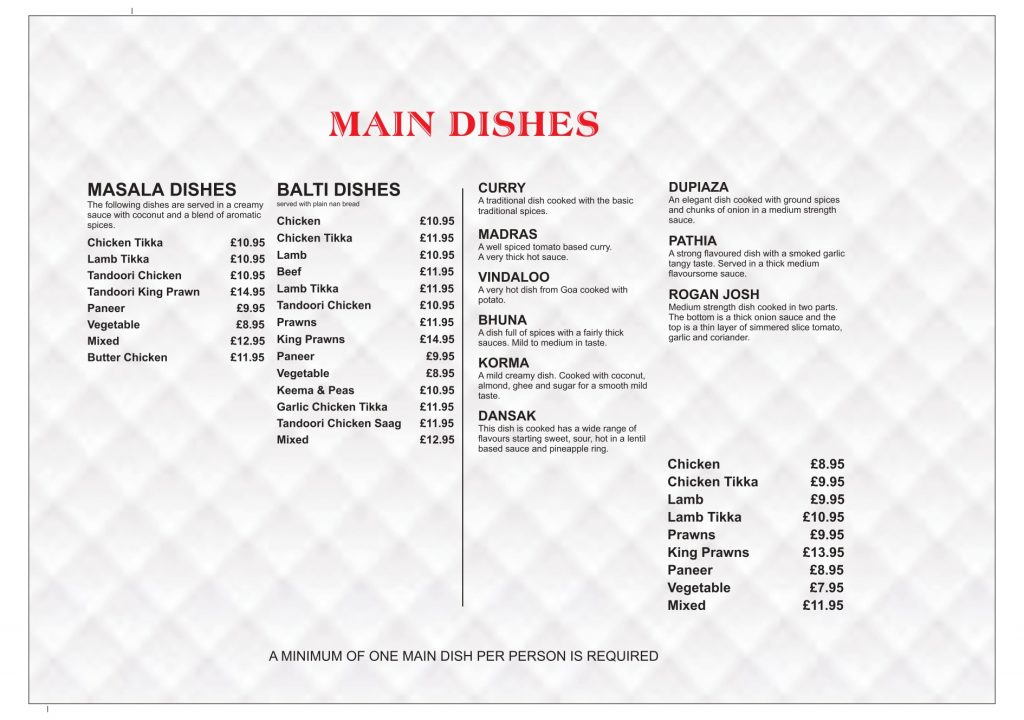 Indian restaurant menu in Loughborough