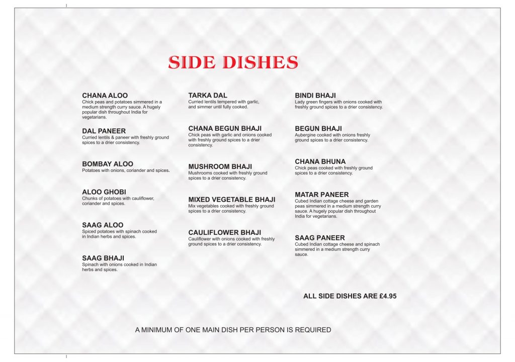 Indian restaurant menu in Loughborough